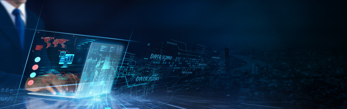 Data Science: Analytics, machine learning, big data, statistics, visualization, predictive modeling. Businessman data analysis for performance optimization network.