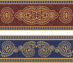 Vector seamless floral ethnic friezes set. Ornamental motifs in Eastern, Arabic, Oriental style. Retro wedding backgrounds, page decorations, damask, carpet, tile, embroidery patterns.