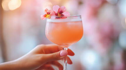 A vibrant pink cocktail garnished with edible flowers, held in a hand against a soft, blurred background