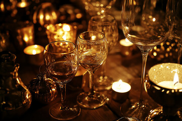 A minimalistic festive table setting featuring golden accents, elegant glassware, and glowing candles