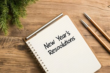 Notebook with Text &lsquo;New Year&rsquo;s Resolutions&rsquo; and Copy Space, Ready for Personal Goals and Plans, Set on a Clean and Minimalist Surface