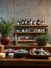 Holistic health treatment room with herbs and crystals.