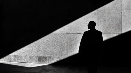 A stark black and white image featuring a human shadow cast against a textured wall, illuminated by diagonal light beams