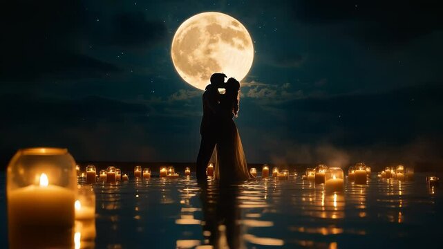 Silhouette of a couple in love holding each other surrounded by candles overlooking the full moon, reflecting on the water. Concept of valentine's day, romnatics and weddings. Honeymoon.
