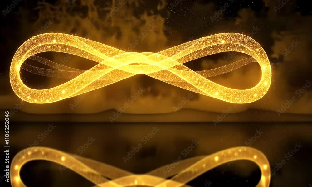 Poster golden infinity symbol with dynamic fiery background and reflection movement
