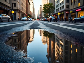 Reflection of buildings of a city street on a puddle of water on the road