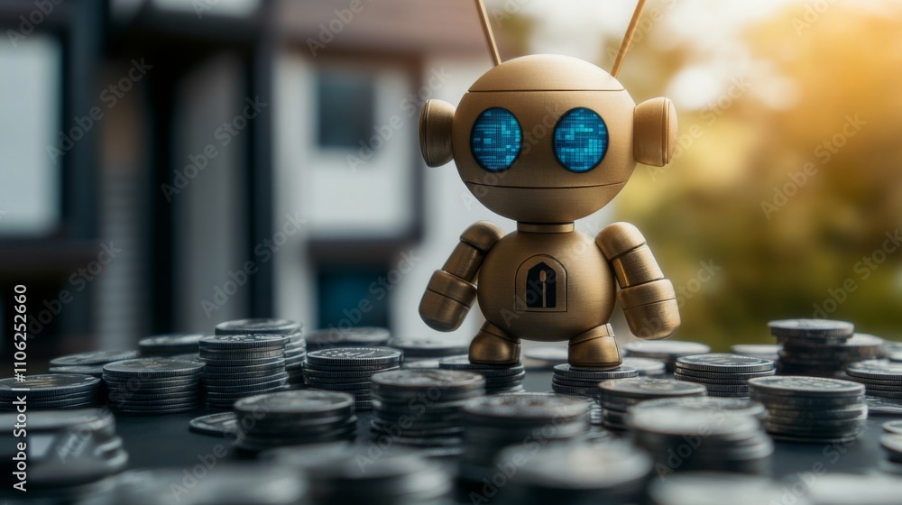 Aufkleber A small robot stands amidst a pile of coins, symbolizing the intersection of artificial intelligence and real estate.