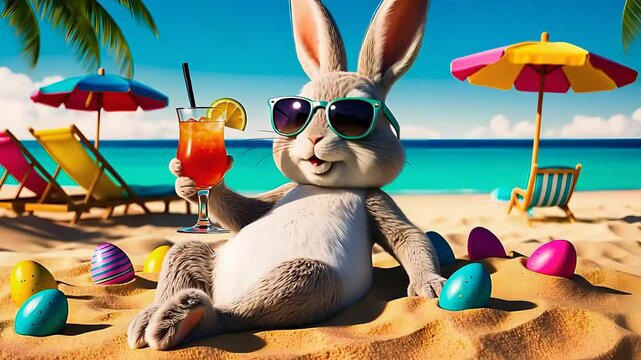 Easter Bunny Relaxing on a Beach with Tropical Vibes

