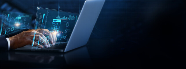 Algorithm Development: Businessman using laptop and analyzing algorithm development information on...