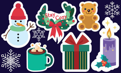 Set of New Year stickers. Snowman, teddy bear, gift, cup of cocoa, Christmas candle, snowflakes and New Year's wreath.