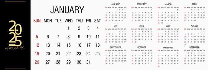 Calendar 2025, week start on Sunday, corporate design template vector. Cover calendar 2025. Wall calendar in a minimalist style.