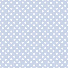 Simple minimal ornament. Abstract floral geometric seamless pattern. Vector background with small flower silhouettes, triangular shapes, dots, grid. Minimalist blue and white texture. Repeated design
