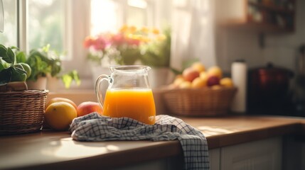 A glass pitcher filled with vibrant orange juice sits on a wooden kitchen counter. Sunlight pours in through the windows, illuminating the pitcher.