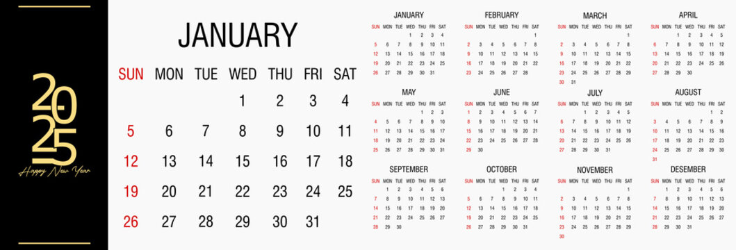 Calendar 2025, week start on Sunday, corporate design template vector. Cover calendar 2025. Wall calendar in a minimalist style.