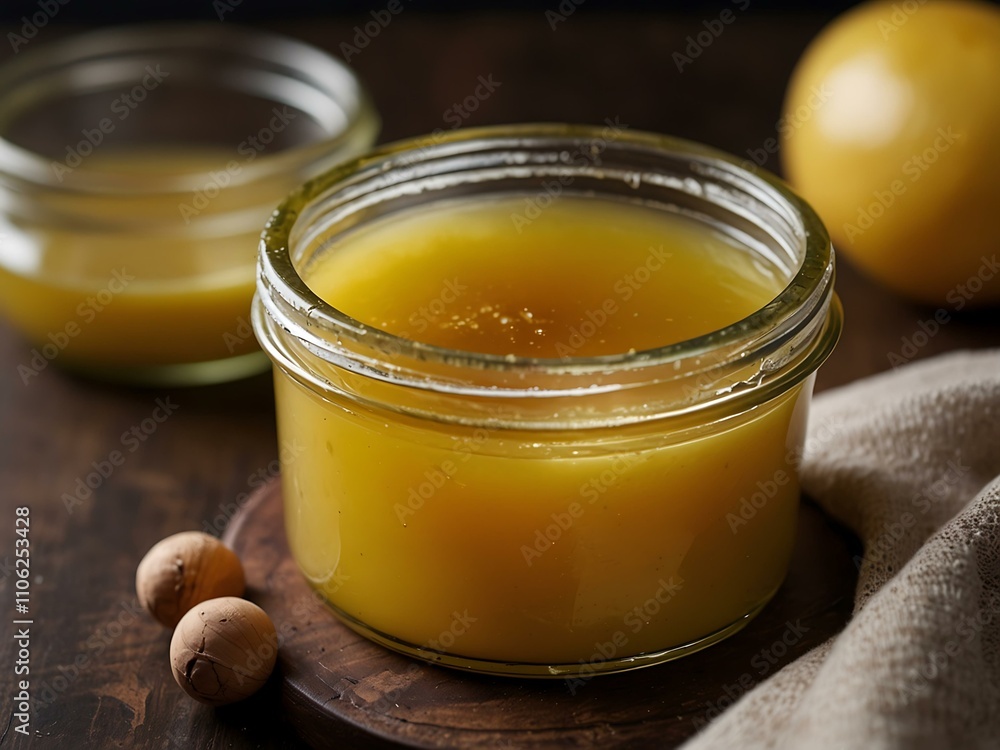 Poster homemade ghee in a container on a table.