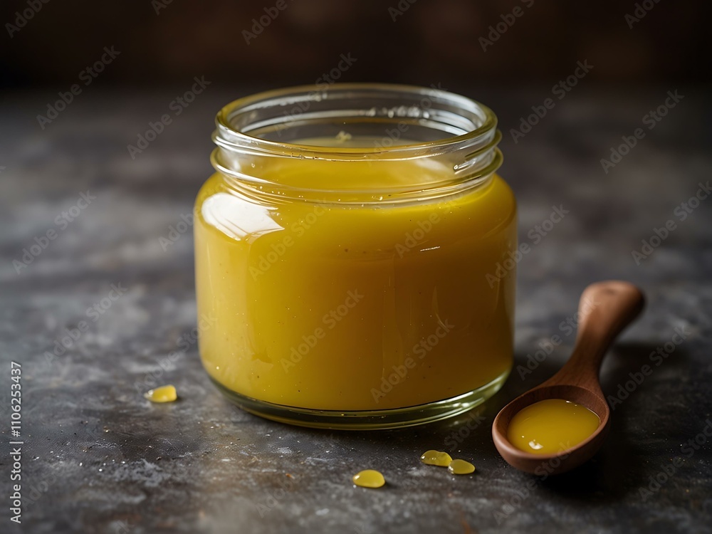 Poster homemade ghee in a container on a table.