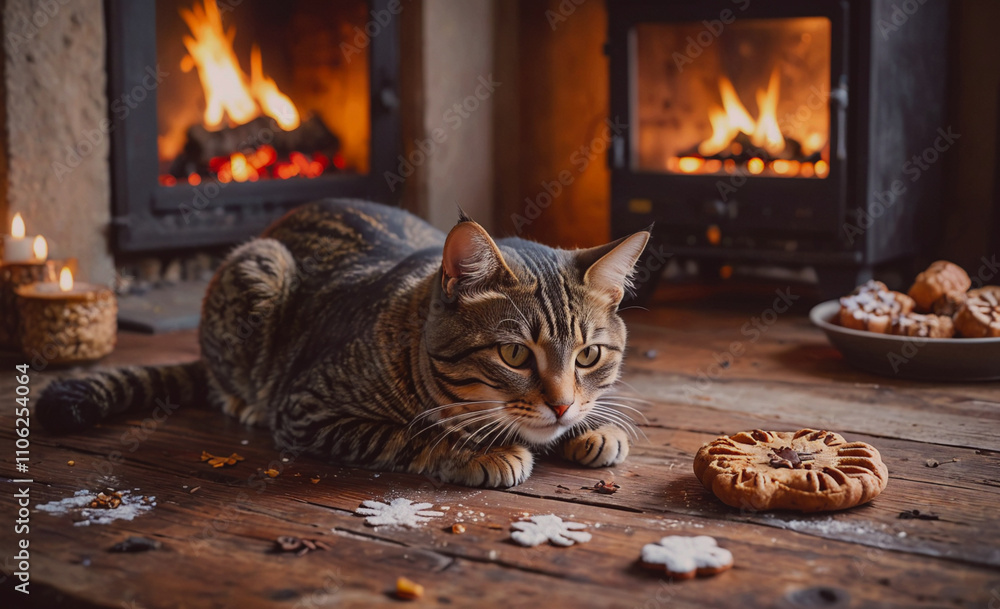 Poster cat is laying on a wooden floor next to a fireplace. there are several cookies on a plate in front o