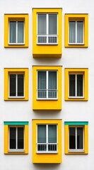 Fototapeta premium 明るい黄色の窓が並ぶ現代的な建物のファサード