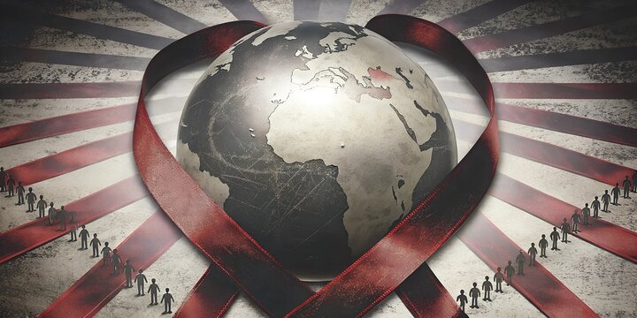 A globe encircled by two red ribbons forming a heart shape. There are tiny silhouettes of people holding hands, symbolizing unity across nations. Red and white to emphasize the AIDS awareness theme.