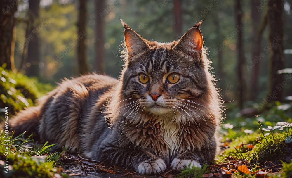 Poster cat is laying on the ground in a forest. it has a long tail and is looking at the camera