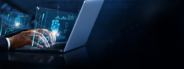 Technical Support: Businessman using laptop and analyzing technical support information on...