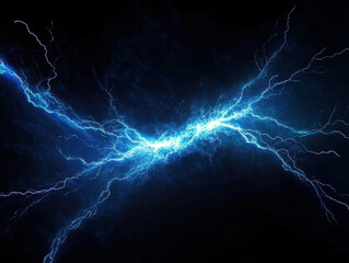 A bright blue electric discharge against a black background with radiating light