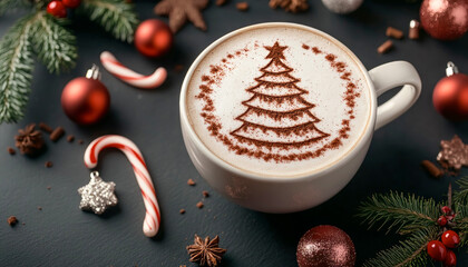 Cappuccino topped with a festive cinnamon Christmas tree design, surrounded by colorful holiday decorations and sweet treats