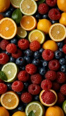 Horizontal image of berries and citrus fruits.