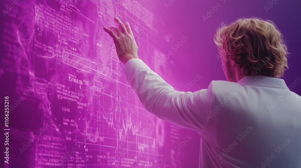 Poster a person interacts with a futuristic digital interface, immersed in data visualization, ai