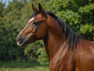 Horse in summer, with a focus on its neck and chestnut.