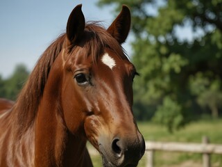 Naklejka premium Horse in summer, with a focus on its neck and chestnut.
