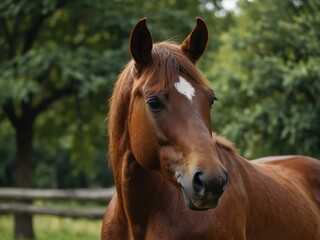 Horse in summer, with a focus on its neck and chestnut.