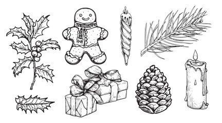 Sketch decoration Christmas set. Gift box, gingerbread, holly, fir branches, pine cone. Hand drawn sketch style. Vector illustrations.