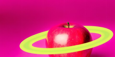 A vibrant red apple with a glowing ring around it like Saturn, floating in a starry space background. The caption could read, "Out of this world delicious—celebrate National Eat a Red Apple Day!"