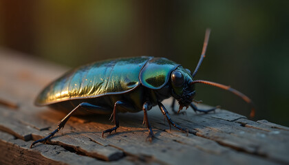 Close-up of a chromatic cockroach perched on a wooden plank with a seamless texture