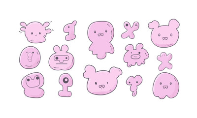 Cute little monsters, imaginary animals, pink gummy characters. vector separated on transparent background.