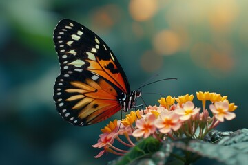 Obraz premium Butterfly on colorful flower in soft sunlight.