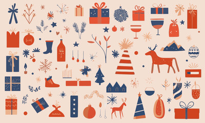 Hello Christmas. Set of vector cute illustrations of trees, leaves, present, botany, Christmas set, celebrations, new year's eve, animals, decorations