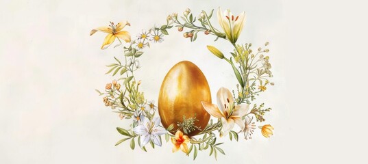 Elegant Easter Greeting Card with Floral Wreath and Golden Egg for Personalization and Celebration