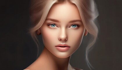 Fototapeta premium Studio portrait of a beautiful blonde woman with perfect skin, blue eyes, and elegant hairstyle, showcasing her natural beauty