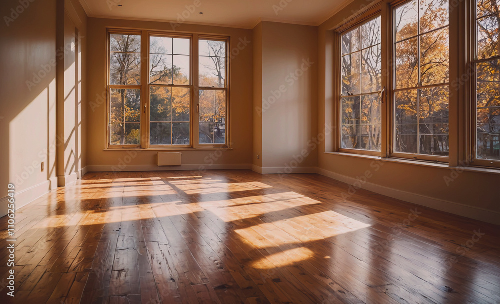 Poster large room with a lot of windows. the windows are open and the room is very bright