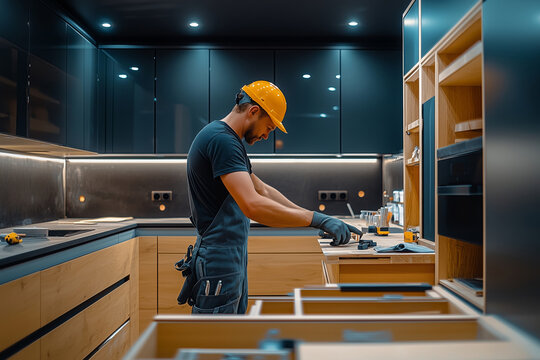 Carpenter skillfully installs custom wooden cabinetry in modern kitchen