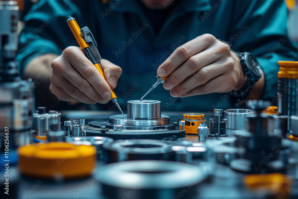 Poster Quality controller meticulously examines precision components in a workshop