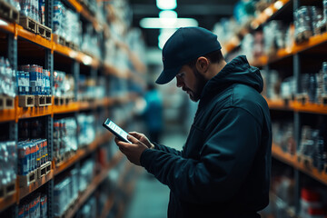 Warehouse worker scanning items during busy shift in a large storage facility
