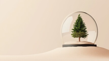 Minimalist Snow Globe with Tiny Tree - Serene winter scene, miniature tree, glass globe, peaceful, delicate, nature.