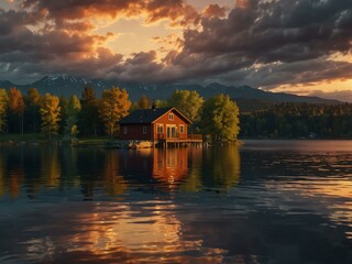 Obraz premium House by the lake at sunset; seamless 4K time-lapse animation.