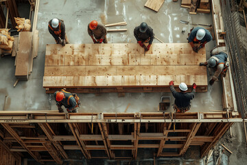 Collaborating carpenters shaping wood into structure in an urban setting