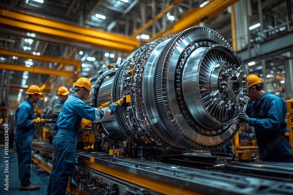Aufkleber team of skilled mechanics working on aircraft engine assembly in a busy workshop