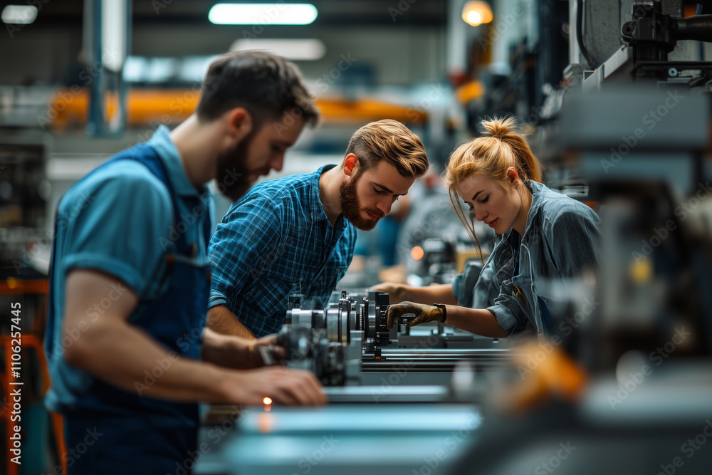 Poster Lathe operators engaged in skilled craftsmanship within a bustling workshop