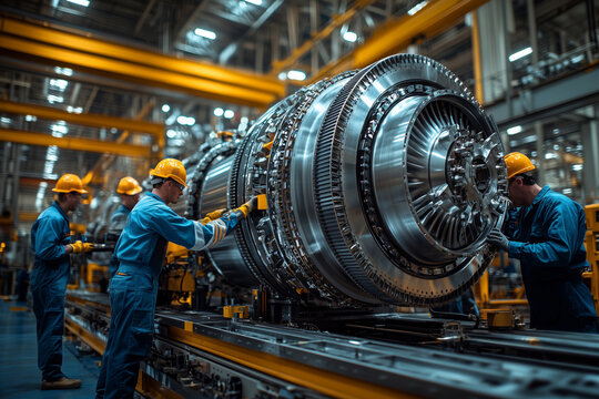 Team of skilled mechanics working on aircraft engine assembly in a busy workshop